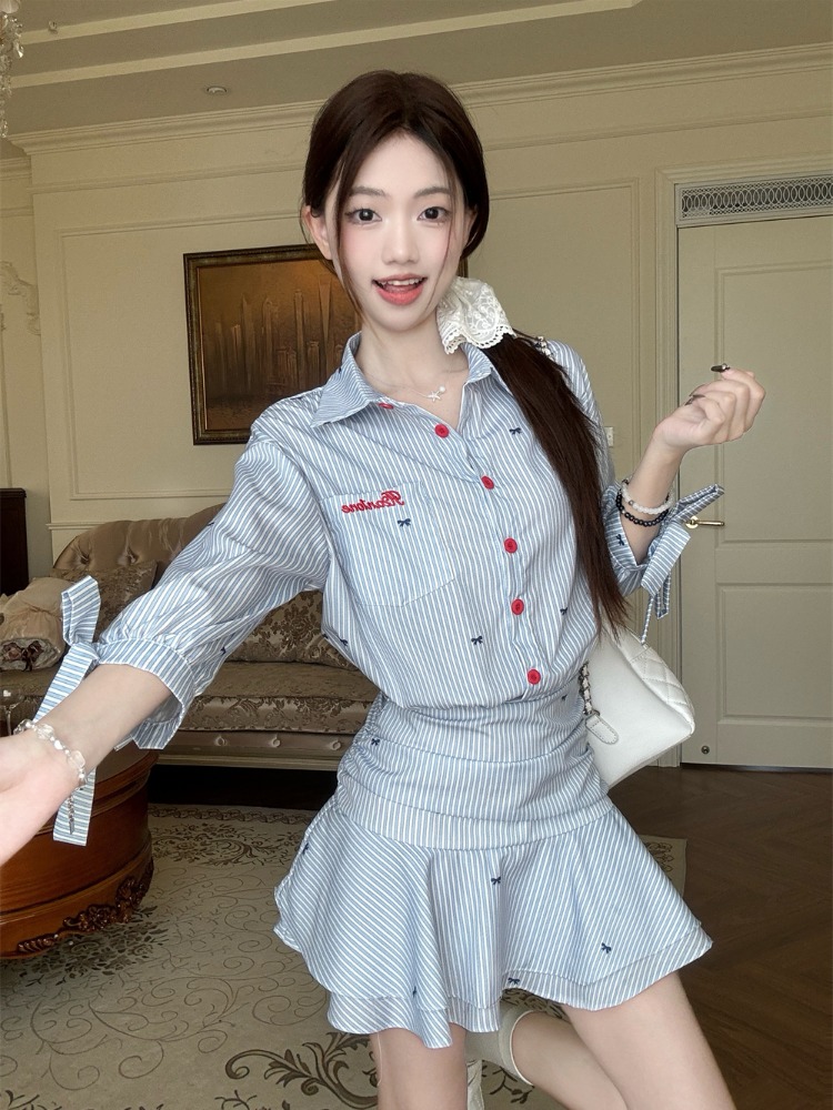 Korean Style A Line Shirt Dress - 한국 스타일 캐주얼 스트라이프 셔츠 드레스