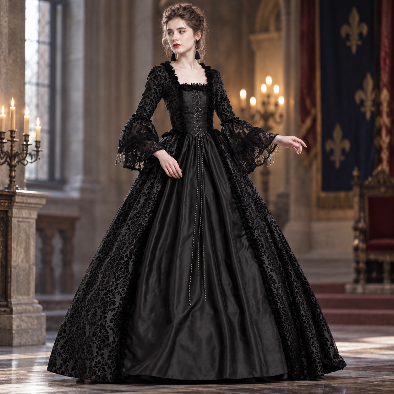 Dresses - 패치워크 디자인의 플레어 소매가 달린 롱