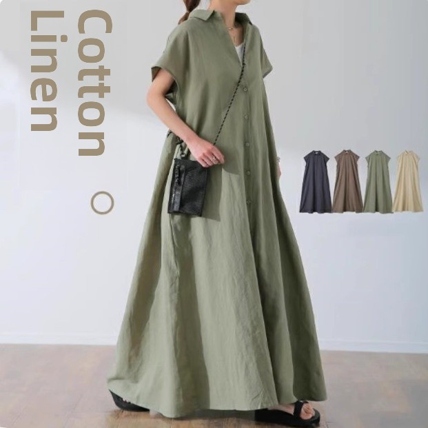 Casual Loose Linen Shirt Dress - 루즈핏 큰 사이즈 폴로 칼라 반팔