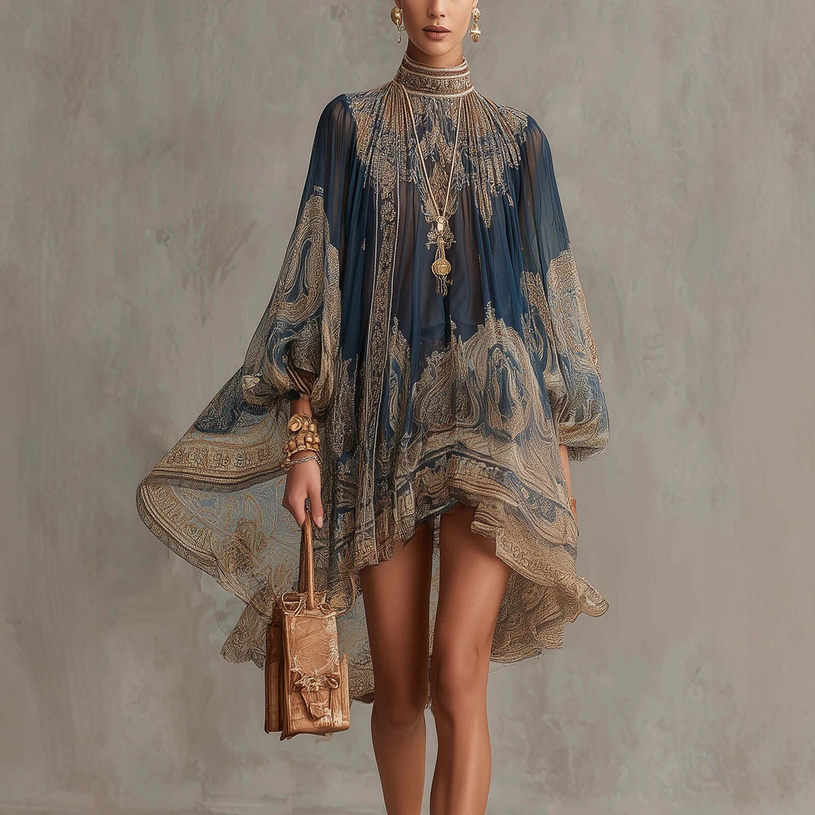 French Vintage Floral Midi Dress - 유럽풍의 새로운 하이넥 프린트 쉬폰 드레스,