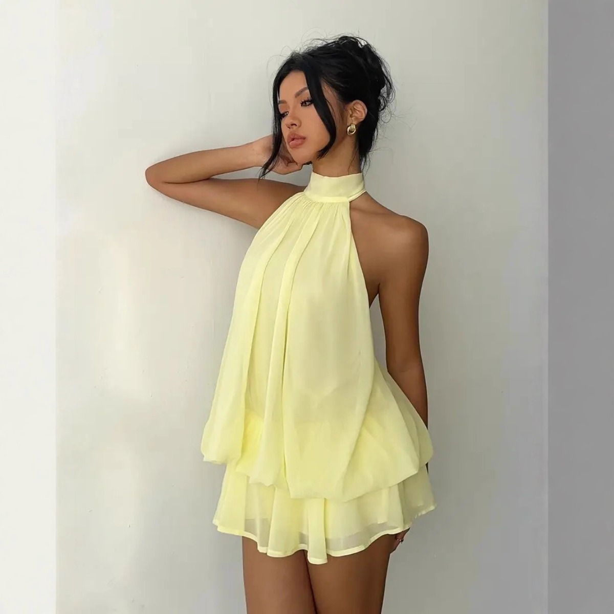 Y2K Backless Halter Mini Dress - 여성용 홀터넥 드레스, 백리스 타이 프론트
