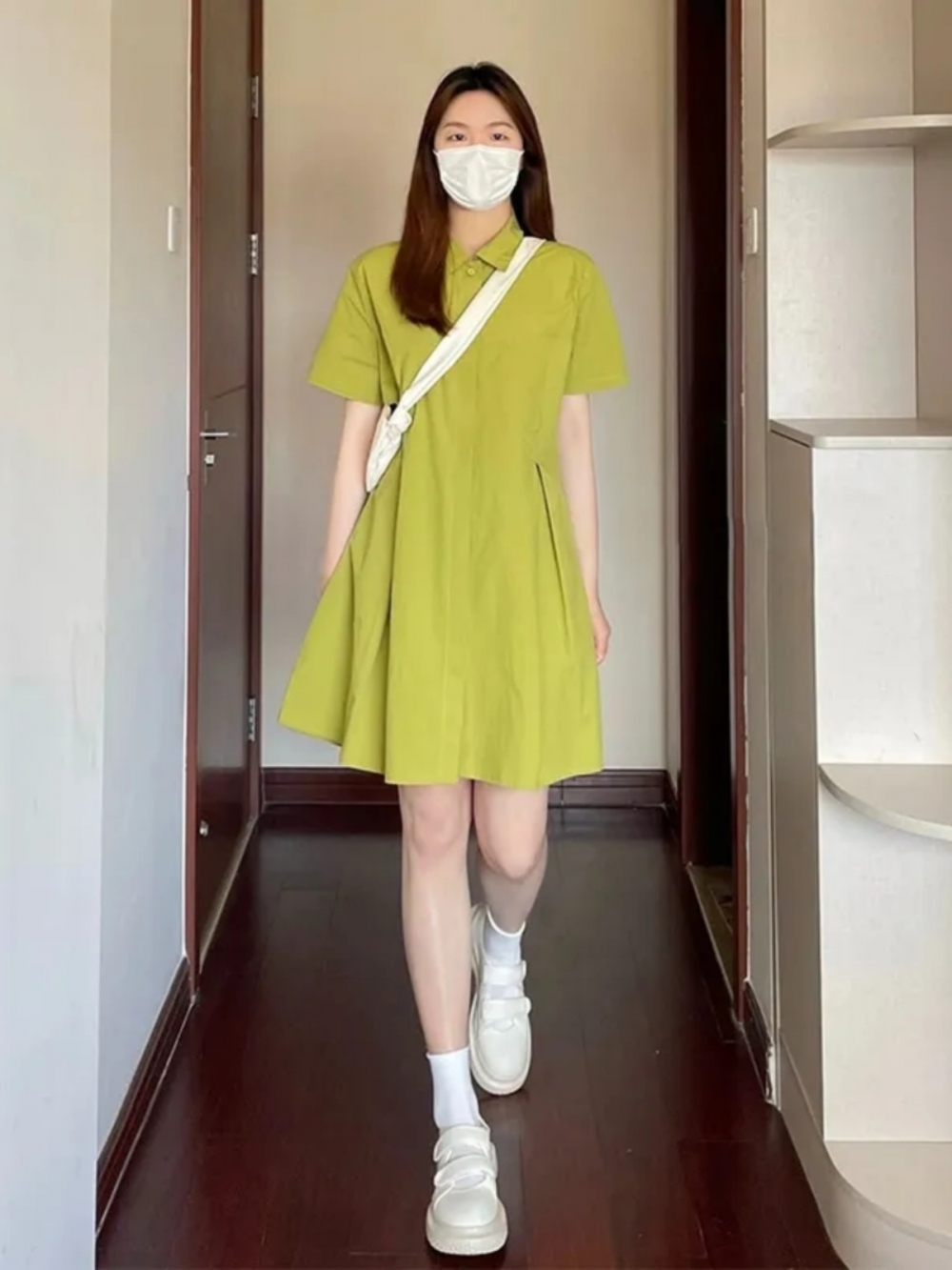 Korean Style A Line Shirt Dress - 플러스 사이즈 여성용, 넥라인이 짧은 반팔