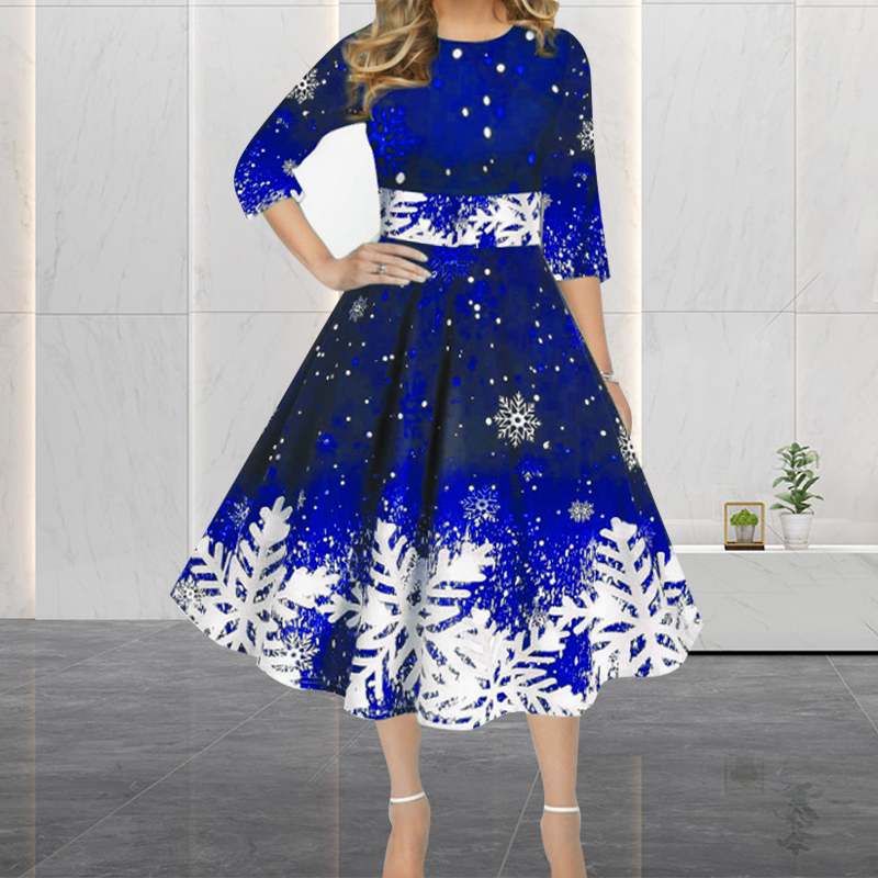 French Vintage Floral Midi Dress - 겨울 크리스마스 드레스 여성 빈티지 가운