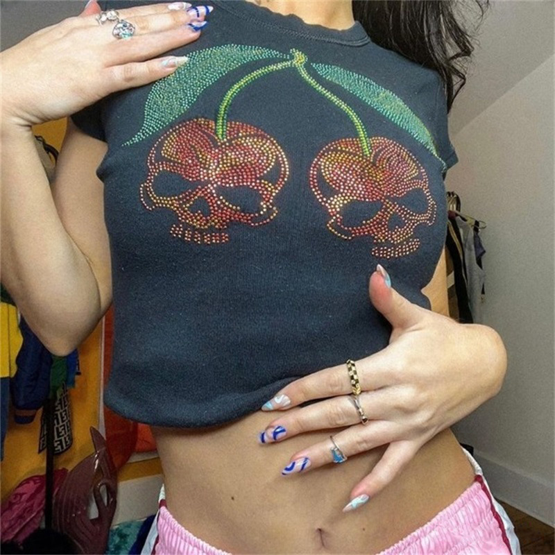 Y2K Graphic Baby Tee Crop - 미적 펑크 슬림 Emo 소녀 베이비