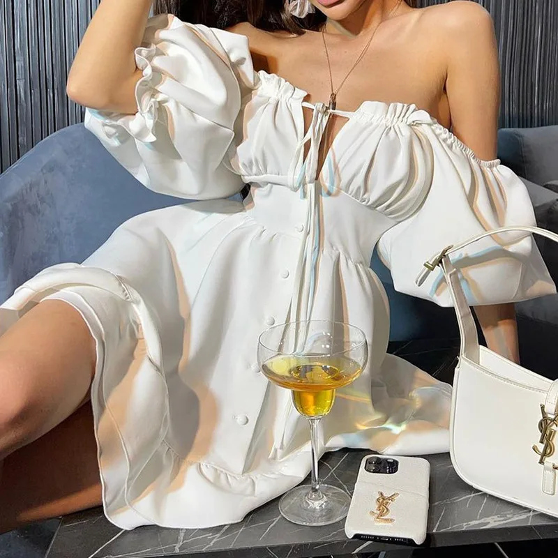 Off Shoulder Puff Sleeve Sundress - 여성용 오프숄더 미니 드레스 여름 솔리드