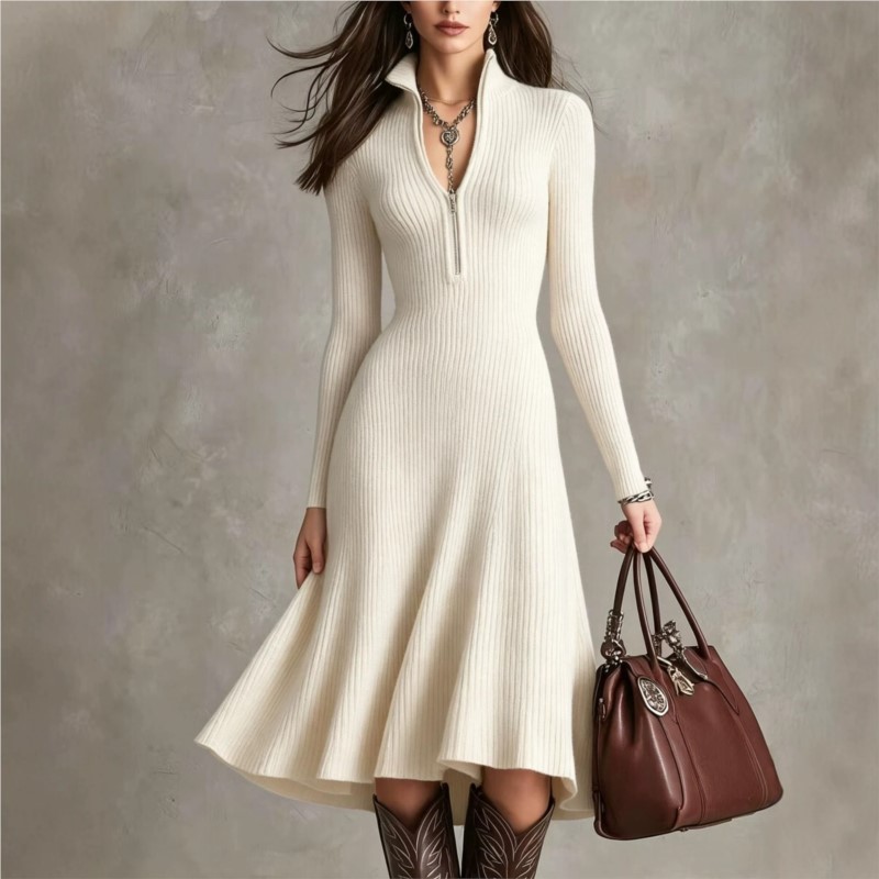 Bodycon Long Sleeve Ribbed Dress - 여성용 골지 니트 미디 드레스, 가을/겨울