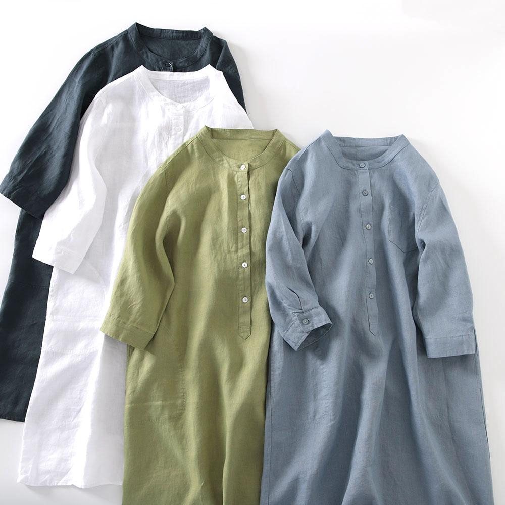 Casual Loose Linen Shirt Dress - 일본 스타일 린넨 셔츠 드레스 여성