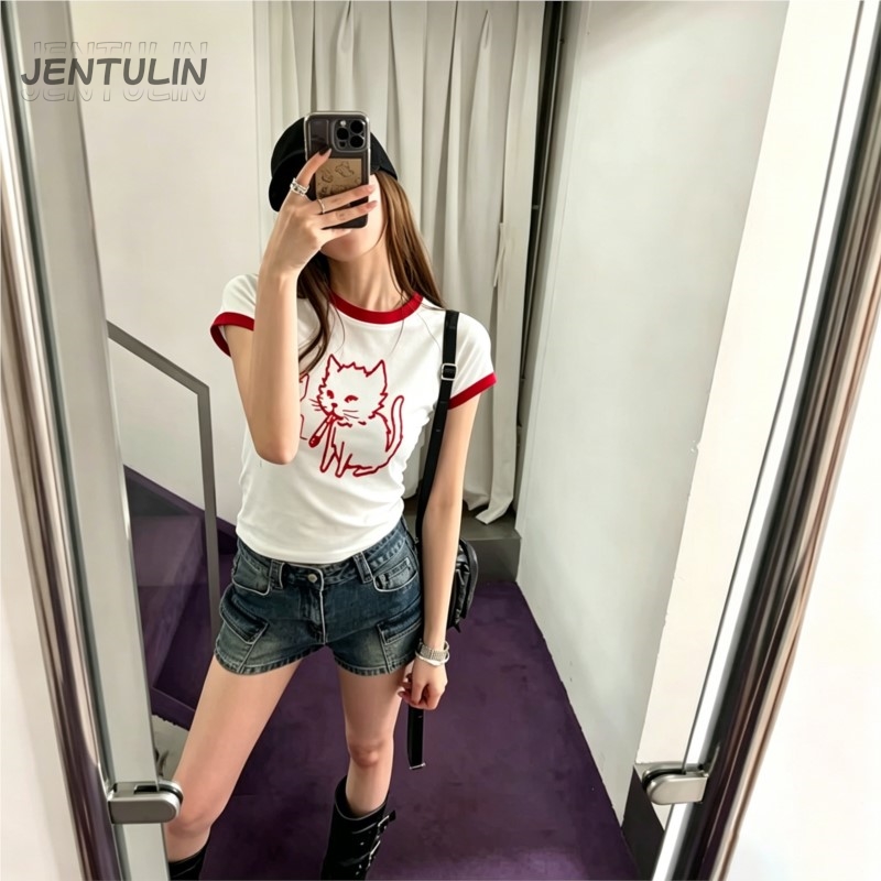 Y2K Graphic Baby Tee Crop - 한국 스타일 Y2K 90년대 크롭탑 하라주쿠