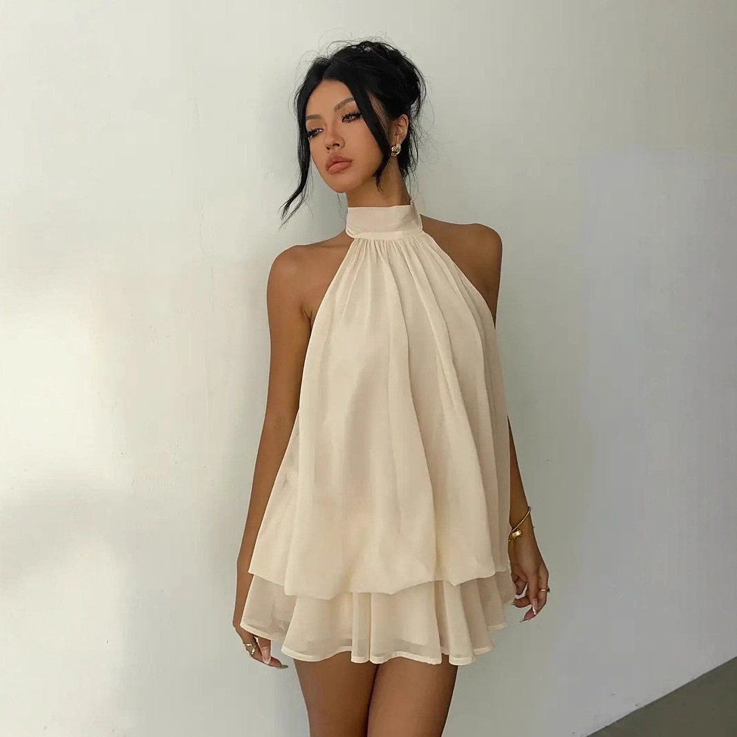 Y2K Backless Halter Mini Dress - 여성용 홀터넥 드레스 백리스 타이 프론트