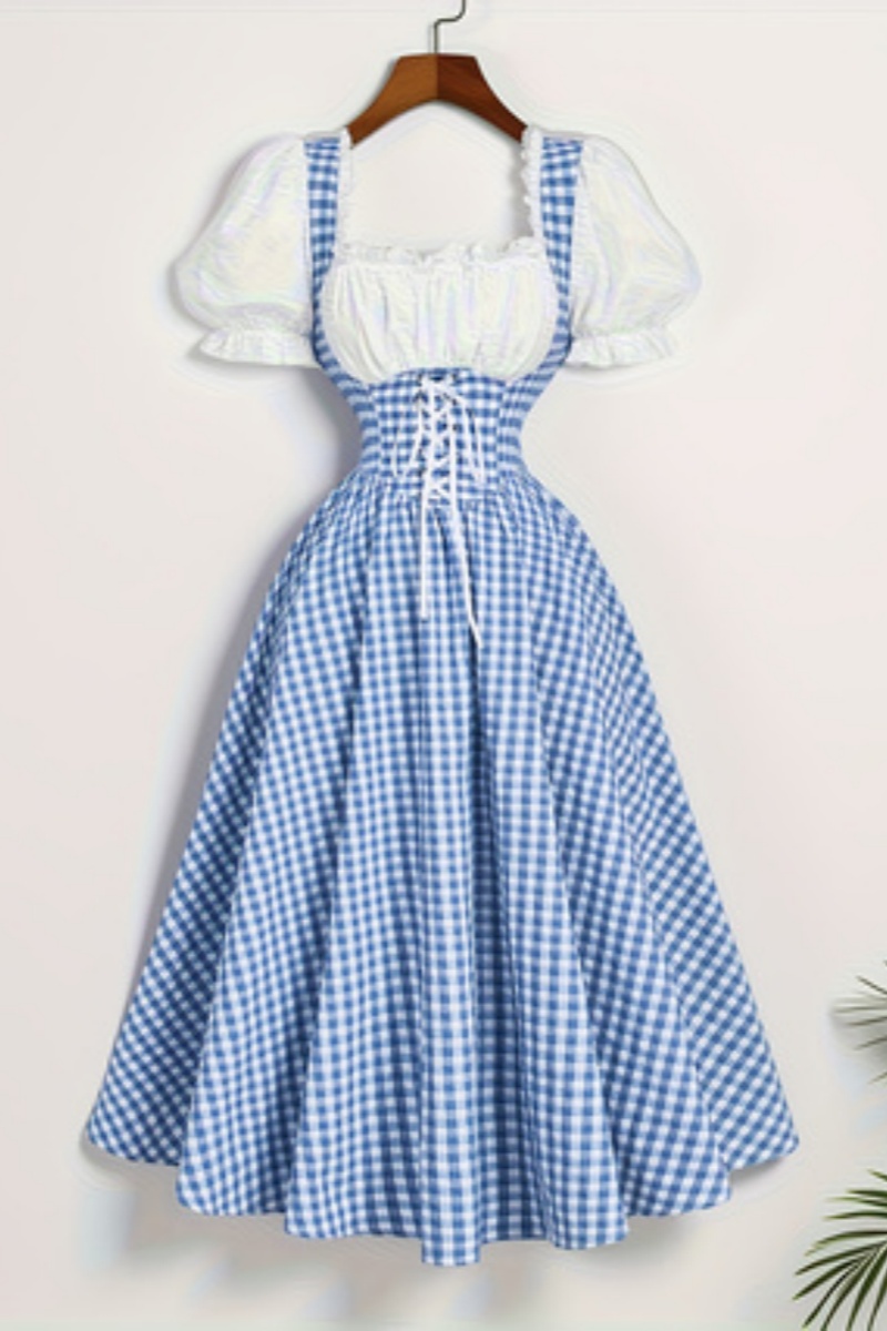 French Vintage Floral Midi Dress - 여성 패션 블루 앤 화이트 그리드