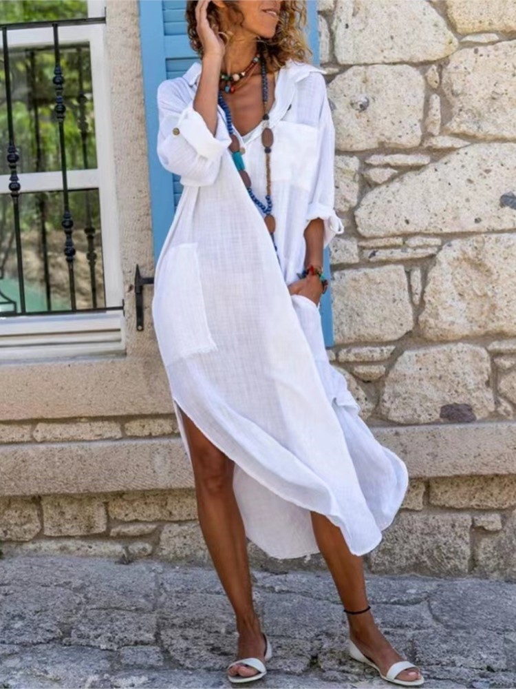 Casual Loose Linen Shirt Dress - 여성용 원피스 단색 셔츠, 단추 스플릿,