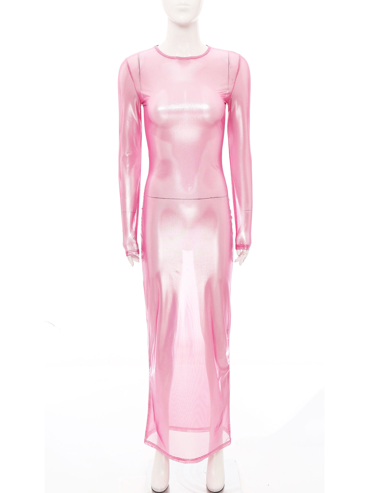 Sexy Mesh Sheer Bodycon Dress - 여성용 반짝이는 메탈릭 시스루 롱 드레스,