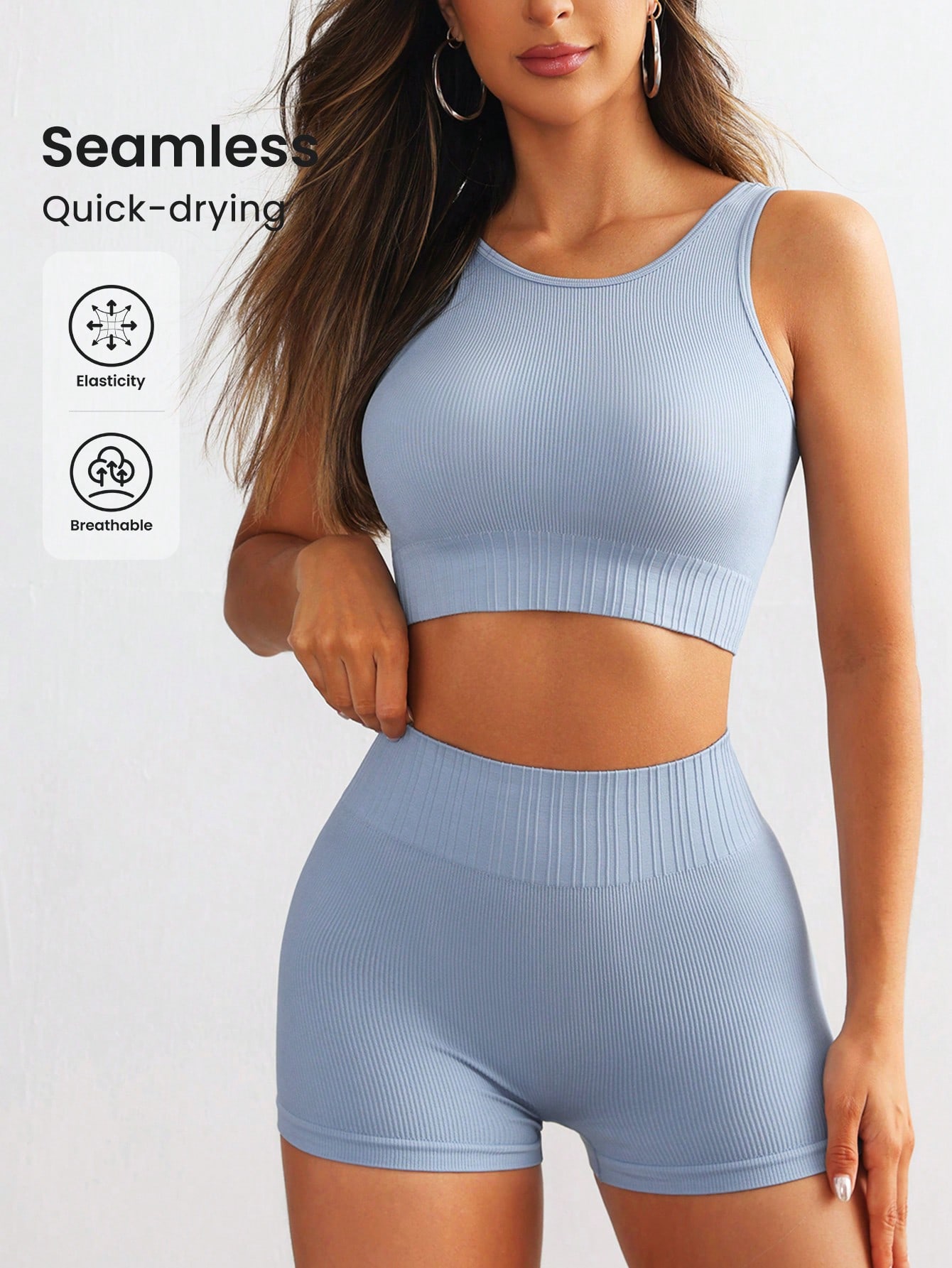 Seamless Ribbed Workout Tank Top - 여성용 심리스 리브드 요가 세트 민소매