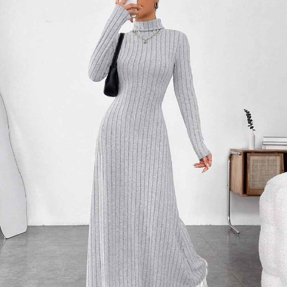 우아한 가을 하이 칼라 긴소매 슬림 드레스 여성용 솔리 - Bodycon Long Sleeve Ribbed Dress 리뷰 및 가격