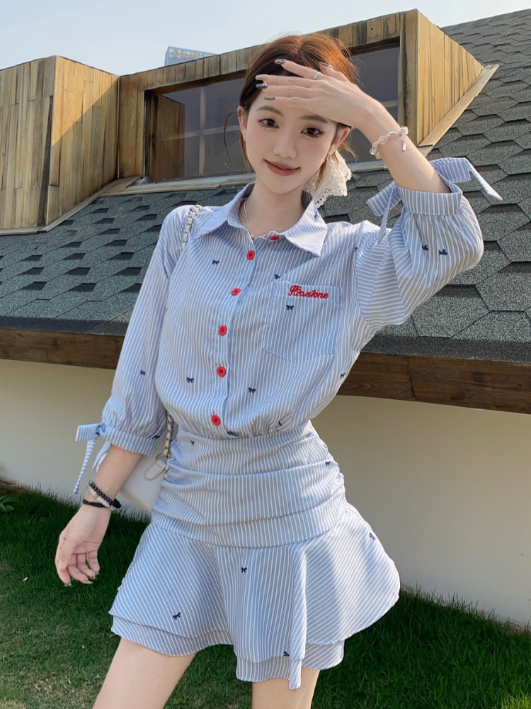 한국 스타일 캐주얼 스트라이프 셔츠 드레스 블루 A라인 - Korean Style A Line Shirt Dress 리뷰 및 가격