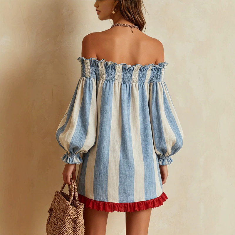 2026 여성 오프 숄더 드레스 블루 베이지 스트라이프 - Off Shoulder Puff Sleeve Sundress 리뷰 및 가격
