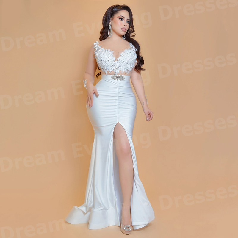 우아한 화이트 머메이드 여성 이브닝 드레스 긴팔 맞춤형 - Elegant Satin Evening Gown Split 리뷰 및 가격
