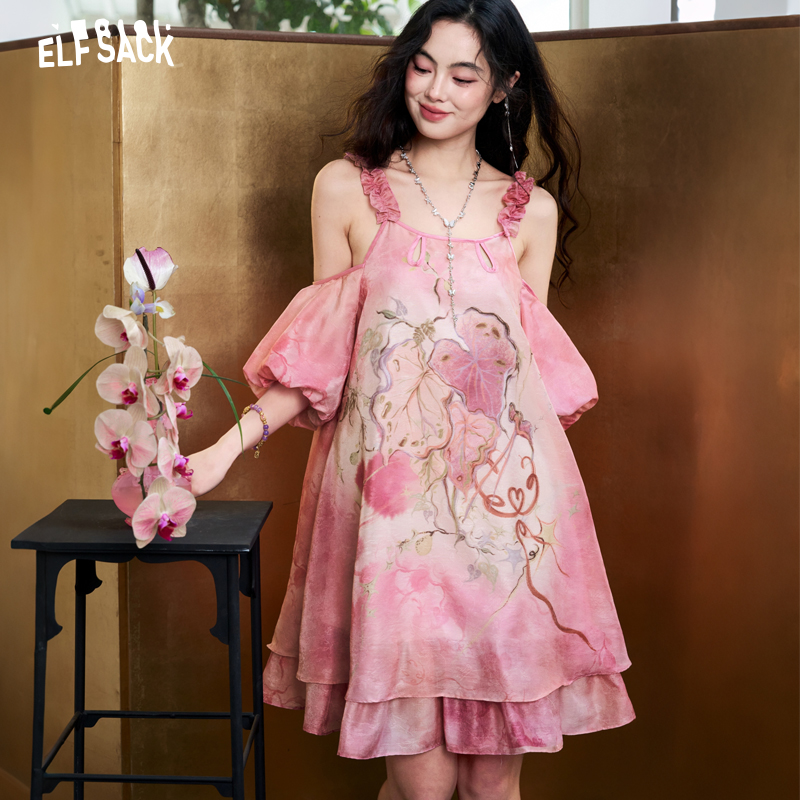 ELFSACK 여성용 타이다이 자카드 시폰 드레스, 홀 - Off Shoulder Puff Sleeve Sundress 리뷰 및 가격