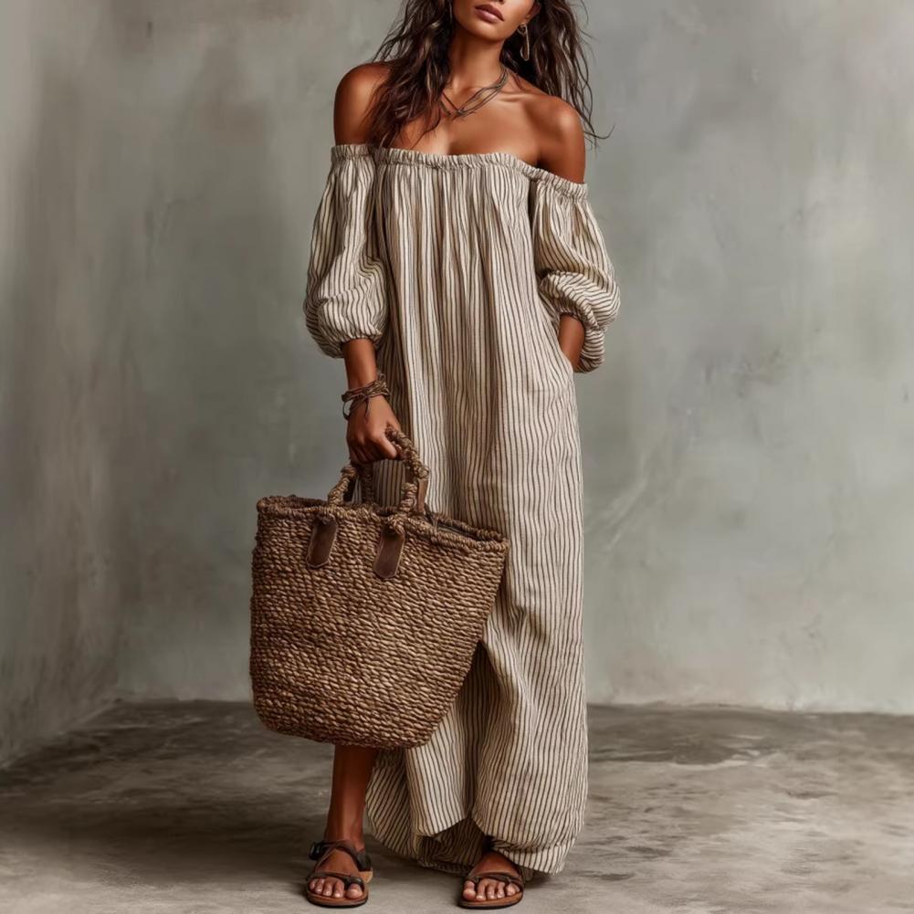 봄 여름 여성용 오프 숄더 맥시 드레스 스트라이프 퍼프 - Off Shoulder Puff Sleeve Sundress 리뷰 및 가격