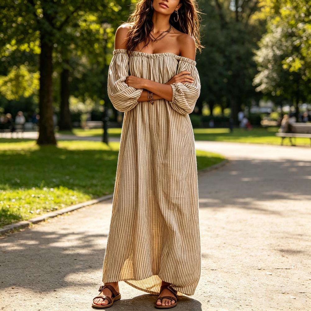 봄 여름 여성용 오프 숄더 맥시 드레스 스트라이프 퍼프 - Off Shoulder Puff Sleeve Sundress 리뷰 및 가격