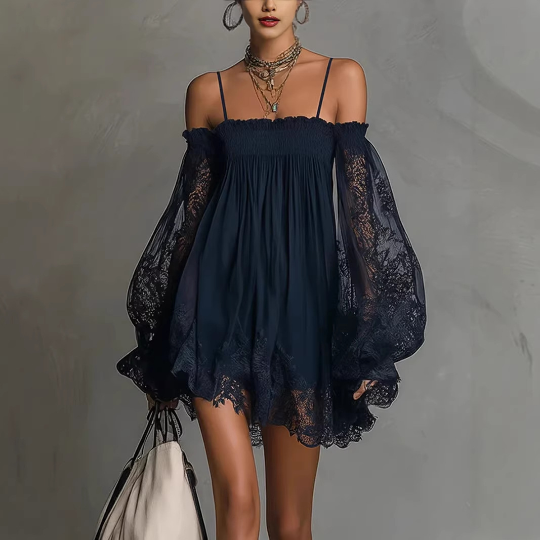 오프숄더 레이스 미니 드레스 스파게티 스트랩 시스루 퍼 - Off Shoulder Puff Sleeve Sundress 리뷰 및 가격