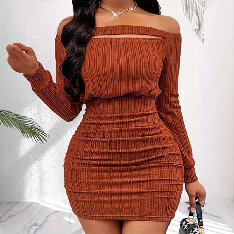 여성 패션 드레스 봄 가을 우아한 오프 숄더 리브 섹시 - Bodycon Long Sleeve Ribbed Dress 리뷰 및 가격