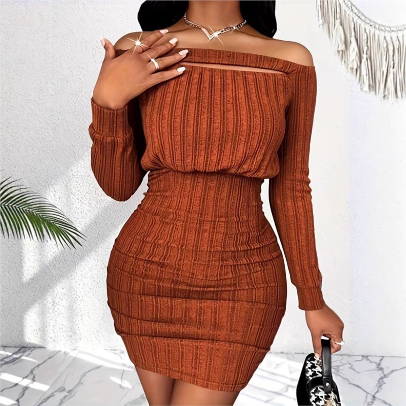 여성 패션 드레스 봄 가을 우아한 오프 숄더 리브 섹시 - Bodycon Long Sleeve Ribbed Dress 리뷰 및 가격