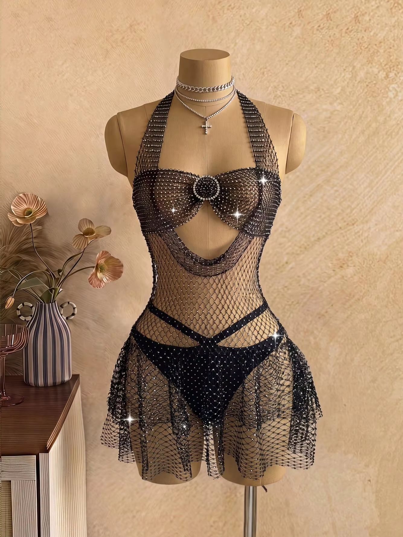 검은색 라인스톤 망사 소재의 홀터넥 드레스, 여성용 섹 - Sparkly Rhinestone Club Party Dress 리뷰 및 가격