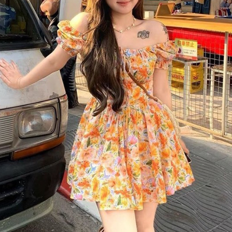 여성용 오렌지 꽃무늬 프린트 오프 숄더 미니 드레스 퍼 - Off Shoulder Puff Sleeve Sundress 리뷰 및 가격