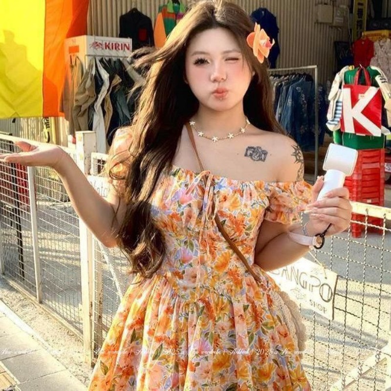 여성용 오렌지 꽃무늬 프린트 오프 숄더 미니 드레스 퍼 - Off Shoulder Puff Sleeve Sundress 리뷰 및 가격