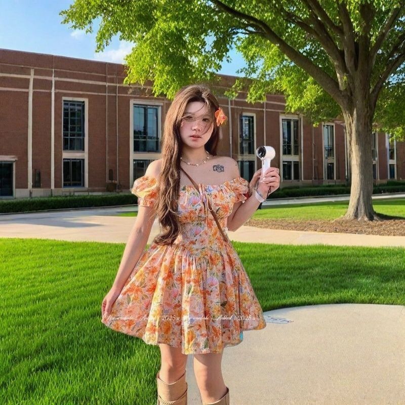 여성용 오렌지 꽃무늬 프린트 오프 숄더 미니 드레스 퍼 - Off Shoulder Puff Sleeve Sundress 리뷰 및 가격