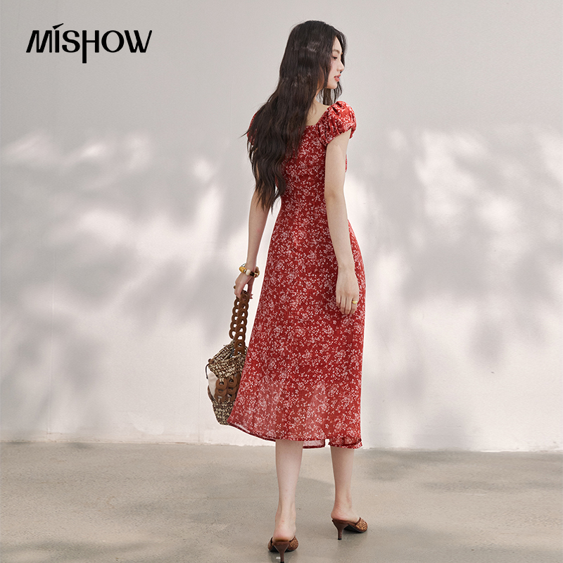 MISHOW 여성용 빈티지 레드 꽃무늬 쉬폰 미디 드레 - French Vintage Floral Midi Dress 리뷰 및 가격