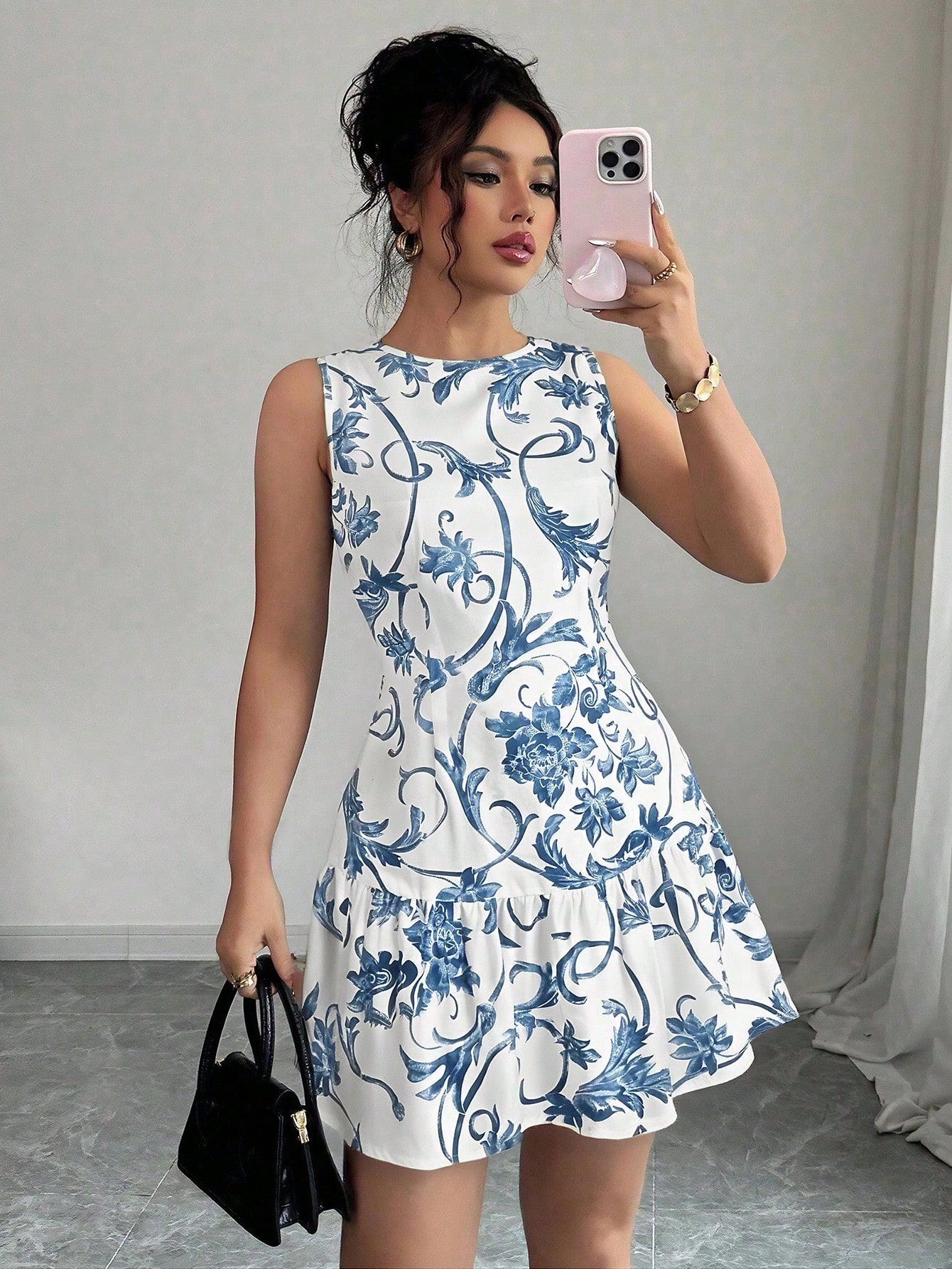 여성용 플로럴 프린트 민소매 미니 드레스 라운드넥 핏앤 - French Vintage Floral Midi Dress 리뷰 및 가격