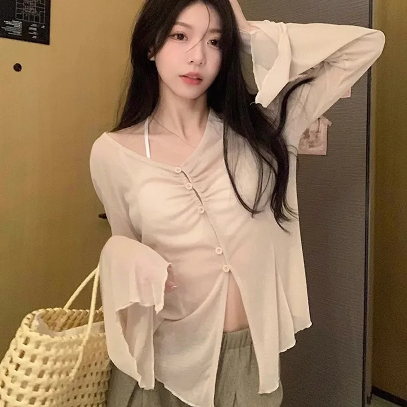 쉬어 플레어 슬리브 블라우스 - Y2K 페어리 스윗 하 - Blouses 리뷰 및 가격
