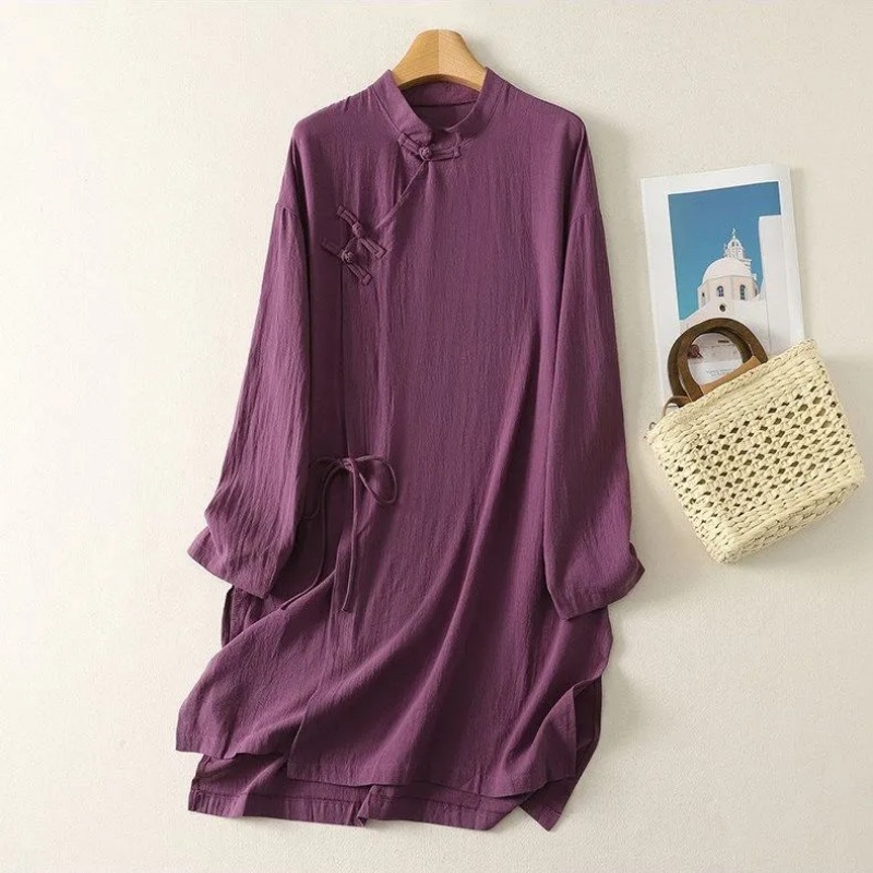 여성용 중국풍 개구리 단추 리넨 튜닉 드레스 스탠드 칼 - Casual Loose Linen Shirt Dress 리뷰 및 가격