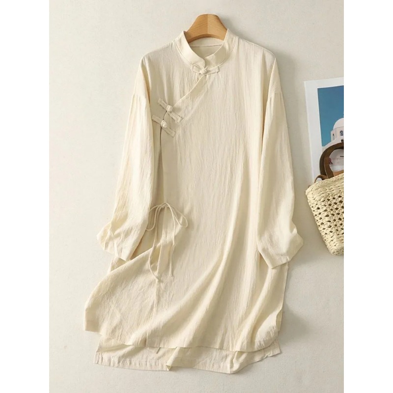 여성용 중국풍 개구리 단추 리넨 튜닉 드레스 스탠드 칼 - Casual Loose Linen Shirt Dress 리뷰 및 가격