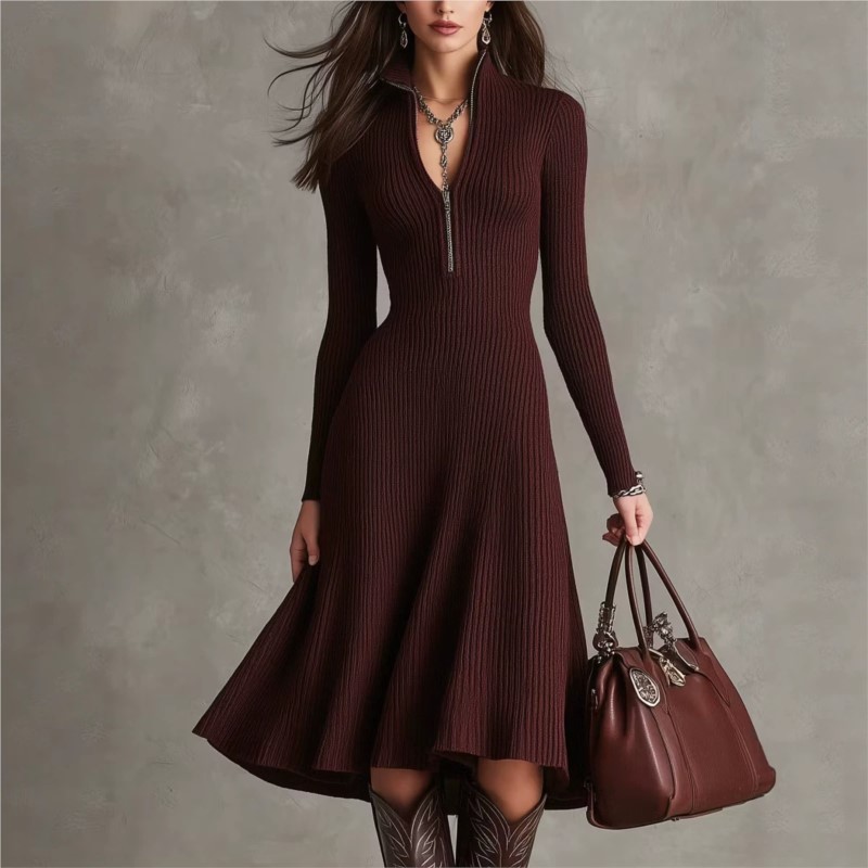 여성용 골지 니트 미디 드레스, 가을/겨울 패션, 하프 - Bodycon Long Sleeve Ribbed Dress 리뷰 및 가격
