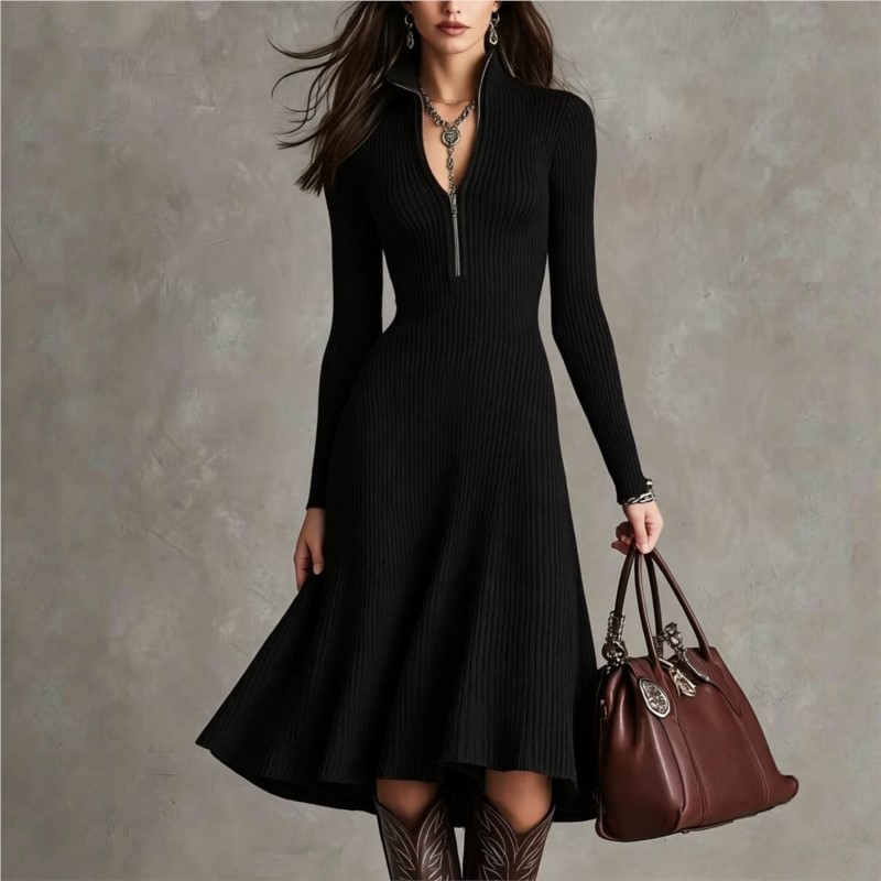 여성용 골지 니트 미디 드레스, 가을/겨울 패션, 하프 - Bodycon Long Sleeve Ribbed Dress 리뷰 및 가격