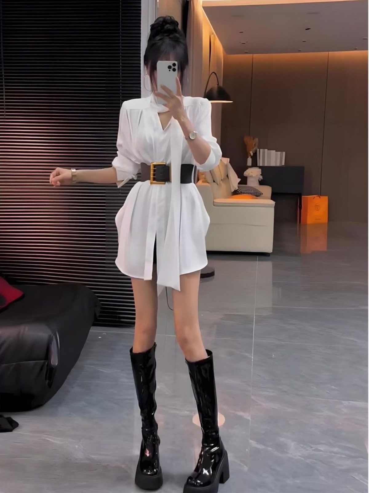 화이트 실크 셔츠 드레스 여성 가을 ​​하이 웨이스트  - Korean Style A Line Shirt Dress 리뷰 및 가격