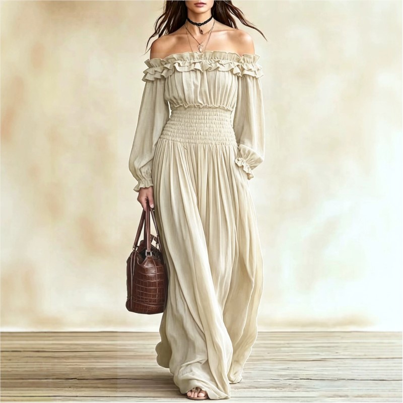 여성 오프숄더 러플 맥시 드레스 롱 랜턴 소매 스모크  - Off Shoulder Puff Sleeve Sundress 리뷰 및 가격