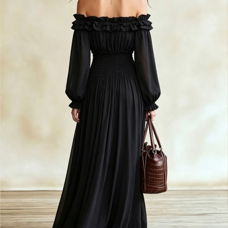 여성 오프숄더 러플 맥시 드레스 롱 랜턴 소매 스모크  - Off Shoulder Puff Sleeve Sundress 리뷰 및 가격