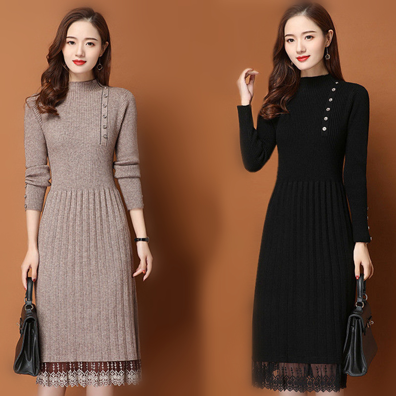 레이스 밑단 버튼 여성 가을 ​​겨울 스웨터 니트 라인 - Bodycon Long Sleeve Ribbed Dress 리뷰 및 가격