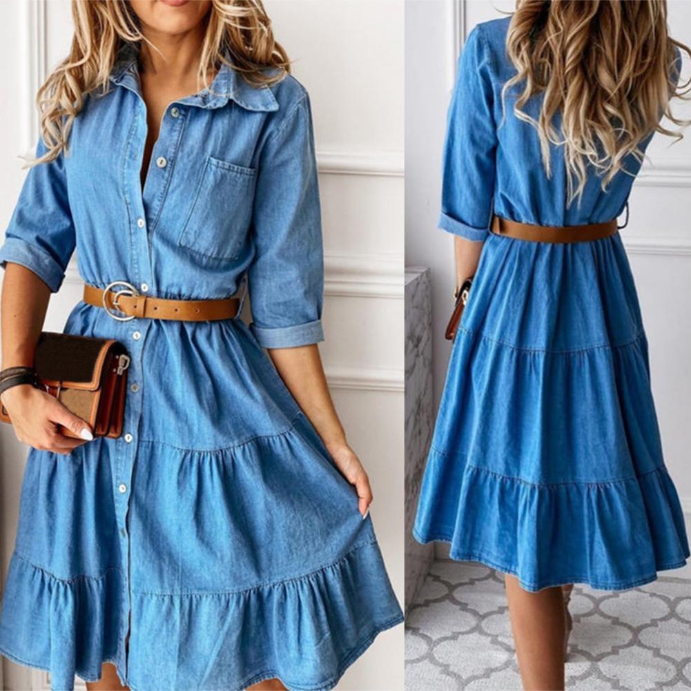 데님 드레스 3/4 소매 벨트 포함 턴다운 칼라 봄 가 - French Vintage Floral Midi Dress 리뷰 및 가격