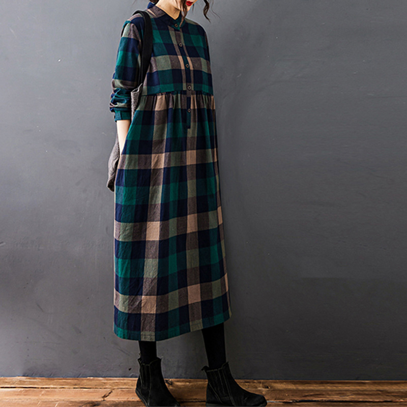 여성 가을 신상 빈티지 모리 걸 체크무늬 면 린넨 셔츠 - Casual Loose Linen Shirt Dress 리뷰 및 가격
