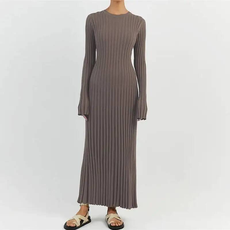 여성 우아한 골지 니트 풀 슬리브 맥시 드레스 크루넥  - Bodycon Long Sleeve Ribbed Dress 리뷰 및 가격