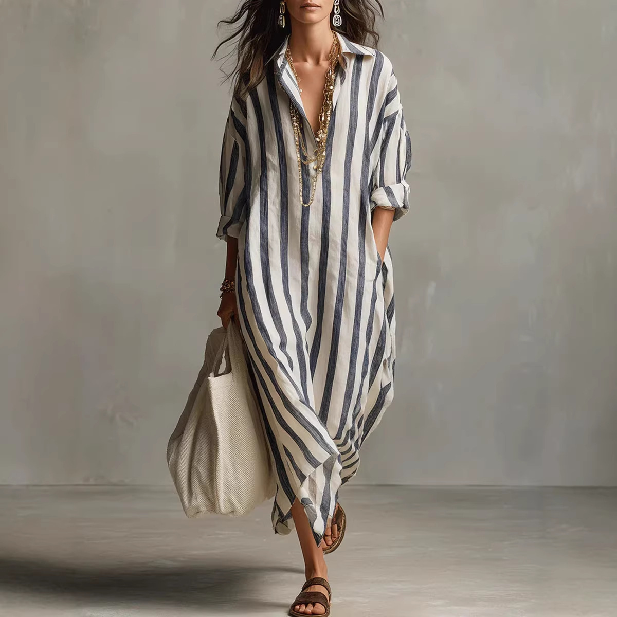 여름 우아한 턴다운 칼라 린넨 스트라이프 셔츠 드레스  - Casual Loose Linen Shirt Dress 리뷰 및 가격