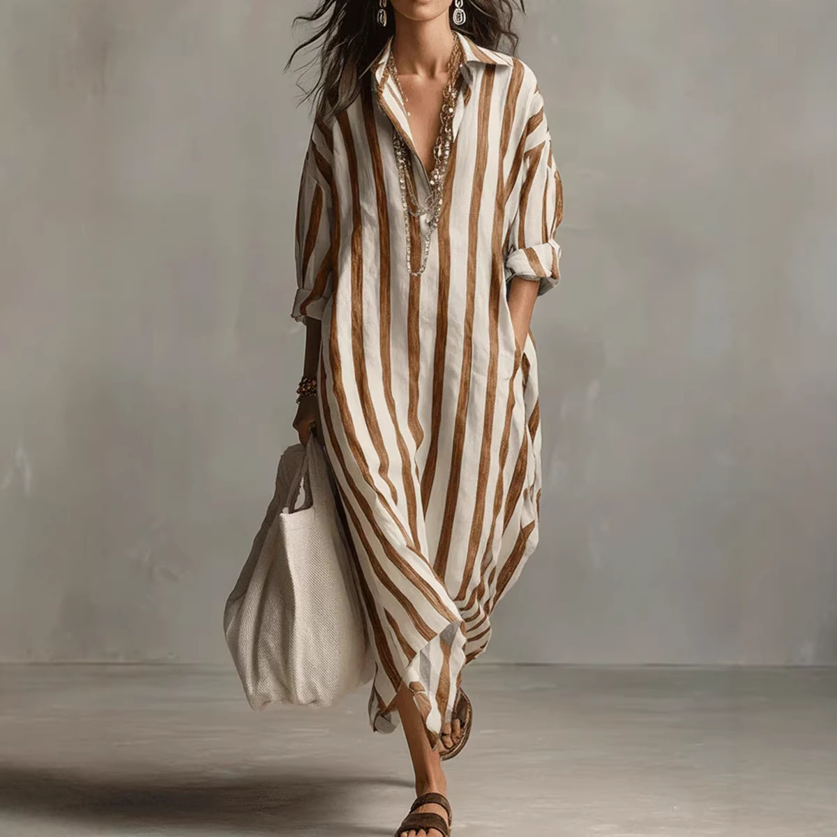 여름 우아한 턴다운 칼라 린넨 스트라이프 셔츠 드레스  - Casual Loose Linen Shirt Dress 리뷰 및 가격