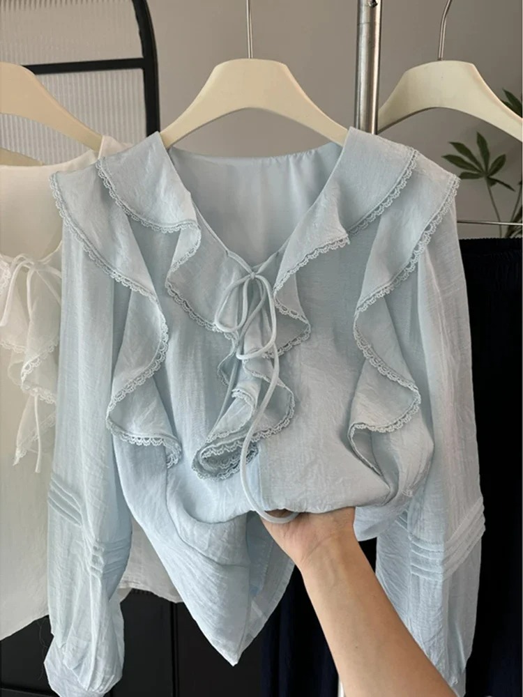 프렌치 V넥 시크 긴팔 블라우스 여성용 봄 여름 러플  - Blouses 리뷰 및 가격