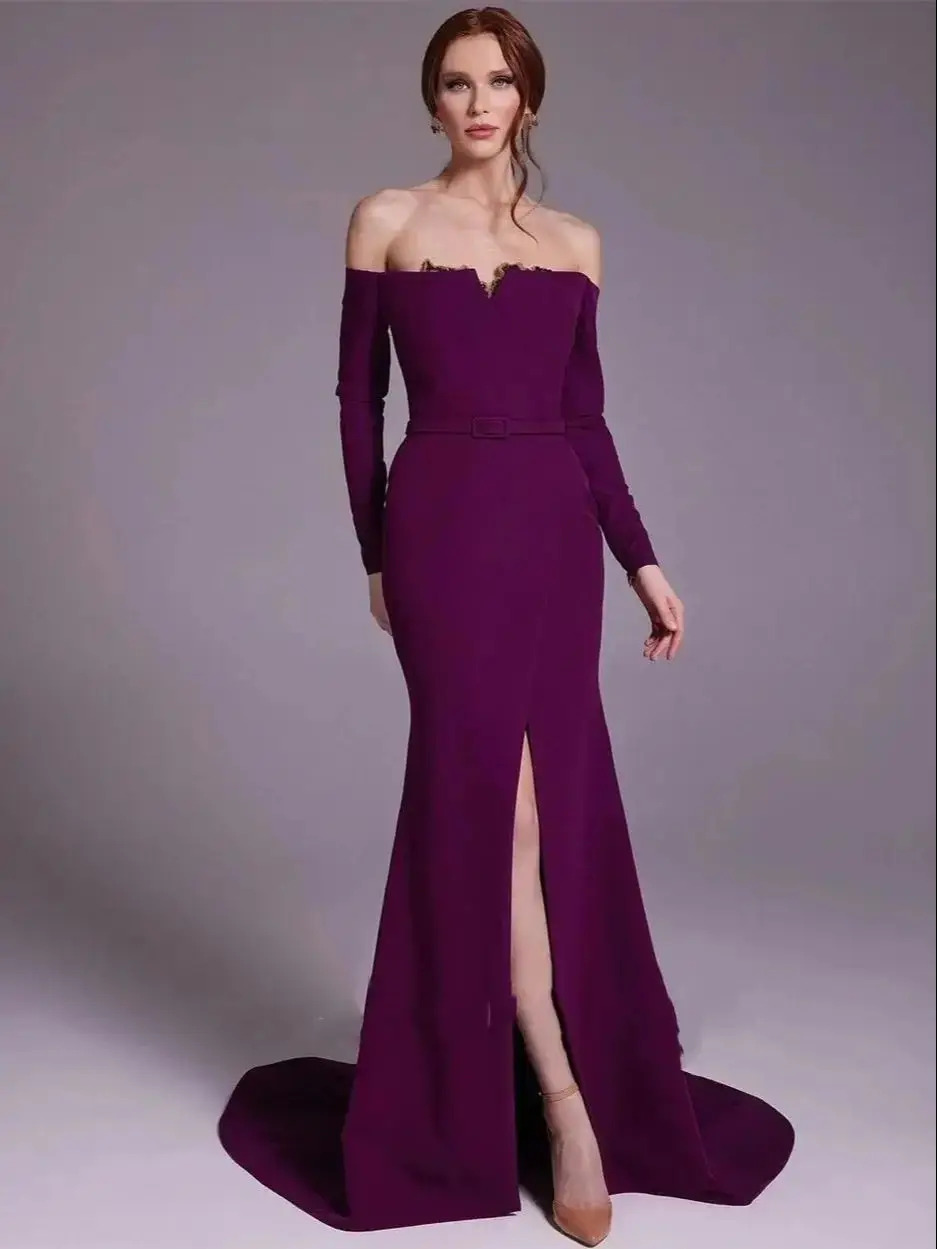 우아한 보라색 새틴 오프 숄더 시스 칵테일 보트 넥 사 - Elegant Satin Evening Gown Split 리뷰 및 가격